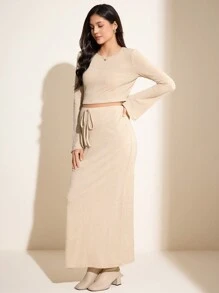 MaterniWear Conjunto de 2 piezas para otoño: Top de manga larga combinado con falda sirena con cordón, conjunto de maternidad entallado