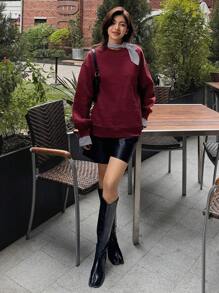 DAZY 格子蝴蝶结领宽松长袖保暖内衬女式圆领卫衣，秋季女装嘉年华 - 酒紅色 - 查看 5