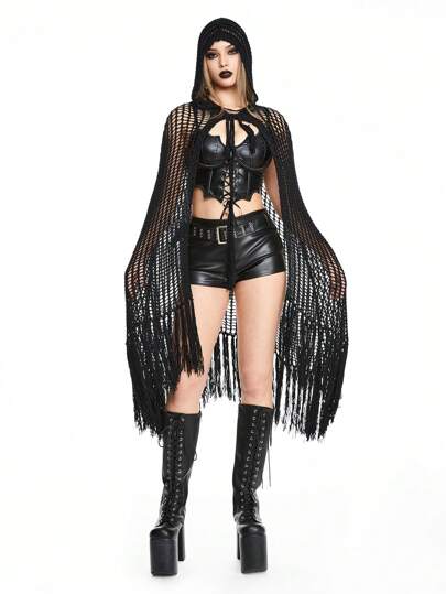 Goth Vintage Hollow Out Poncho Knitted Hooded Cardigan