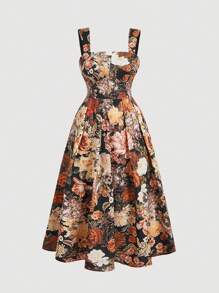 SHEIN MOD Vestido plisado elegantemente con estampado floral vintage para tallas grandes, para el verano - Naranja - Ver 1