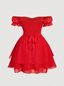 SHEIN MOD Zomervakantie/Date Blauwe Effen Off-Shoulder Multi-Layer Ruffle Grote Strik Casual Jurk, Plus Size