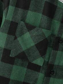 1 件 Tween Boy 牛津休闲日常舒适海军蓝和黑色格子连帽宽松长袖衬衫，适合外出、学校、聚会、秋冬、圣诞节、冬季 - 墨綠色 - 查看 5