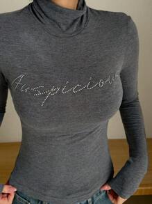 DAZY Women's High Neck Long Sleeve Studded T-Shirt,Fall Clothes - Grey - View 4