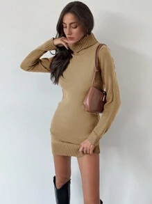Aloruh New High Collar Comfortable Warm Underlayer Versatile Coffee Color Knit Short Bodycon Sweater Dress - Camel - View 2