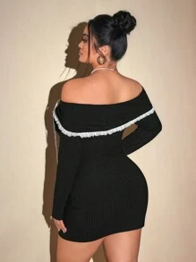 SHEIN ICON Váy len hở vai cỡ lớn, Đầm gợi cảm có trang trí nơ, Đầm ấm áp cho mùa đông, Thích hợp cho Giáng sinh, Hẹn hò Giáng sinh, Tiệc năm mới - Đen và trắng - Xem 6