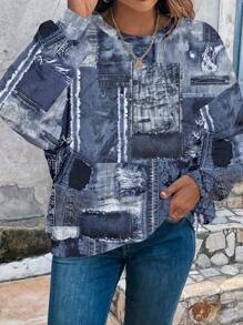 EMERY ROSE 大码女式休闲拼布图案圆领宽松长袖套头运动衫，秋冬