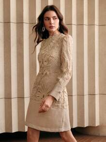 Anewsta 迷人修身优雅蕾丝拼布旗袍连衣裙