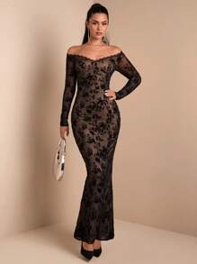 SHEIN BAE Bộ đồ bó sát bodycon dệt kim co giãn dự tiệc thanh lịch dành cho nữ có sọc nhung, váy dài tay màu đen sang trọng - màu đen - Xem 5