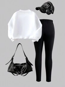 SHEIN Conjunto de sudadera y mallas para niña, estilo urbano chic, con sudadera con capucha de punto estampada con letras y pantalones a juego, apropiado para primavera y otoño, para usar de forma casual al aire libre.