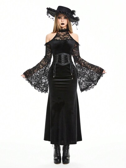 Women's Elegant Goth Dark Velvet Lace Patchwork Open Shoulder Fishtail Dress