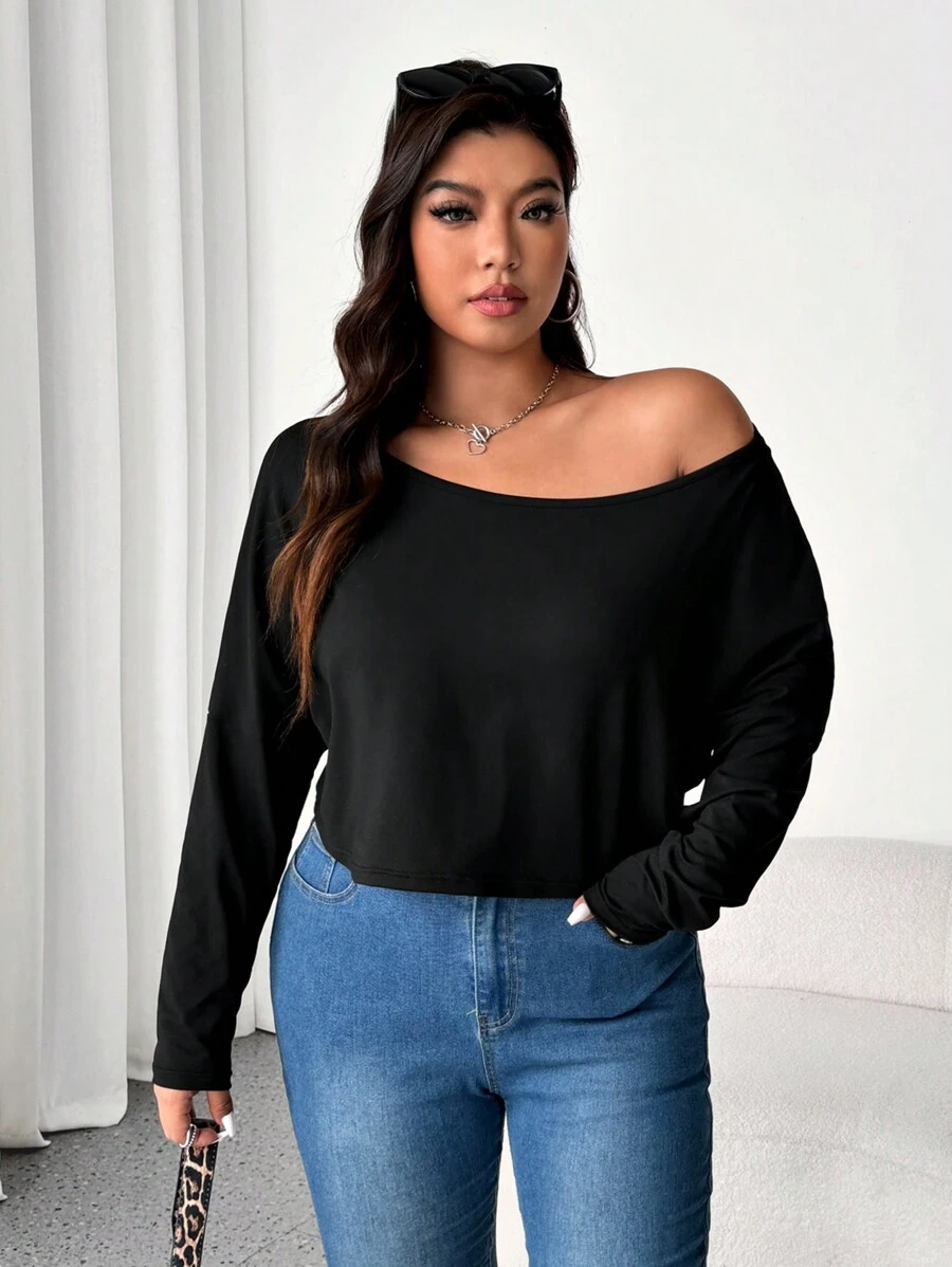Calvaya Áo crop top tay dài dệt kim cổ rộng thả vai đơn giản cho nữ - màu đen - Xem 1