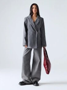 SHEIN EZwear Women's Plain Lapel Neck Long Sleeve Loose Jacket, Casual For Autumn/Winter - Grey - View 3