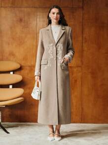 MOTF PREMIUM FAUX PEARL GRAPHIC PATTERN LAPEL COLLAR LONG OVERCOAT - Brown - View 5