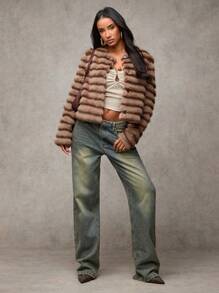 SHEIN BAE Áo khoác lông cho nữ, thời trang tối giản, phù hợp mặc hàng ngày - Cà phê nâu - Xem 6