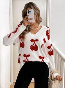 SHEIN Frenchy Women Cherry Pattern V-Neck Drop Shoulder Long Sleeve Loose Sweater, Autumn & Winter Casual - Multicolor - View 1