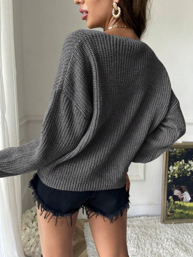 Siren Gaze 女士休闲宽松纯色毛衣，适合日常穿着，秋冬季 - 深灰色 - 查看 2