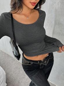 SHEIN EZwear Houtskoolgrijs gebreid rond hals getailleerd basic T-shirt voor dames