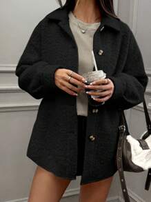 SHEIN EZwear Áo khoác ngoài dài tay màu đen, cài khuy đơn giản cho nữ vào mùa thu/đông - màu đen - Xem 3