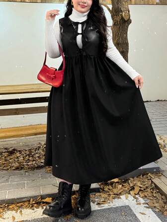 SHEIN Privé 女式加大码蝴蝶结PU拼接黑色无袖基本款时尚连衣裙（冬季）