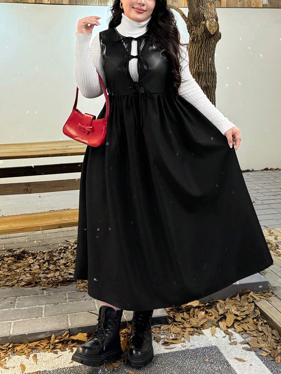 SHEIN Privé 女式加大码蝴蝶结PU拼接黑色无袖基本款时尚连衣裙(冬季) - 黑色 - 查看 1