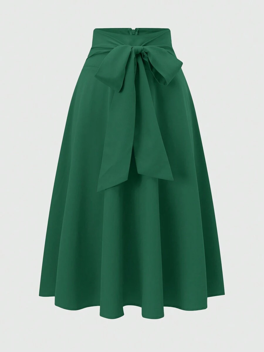 Franclia 女士纯色打结蝴蝶结装饰后拉链优雅 A 字裙 - 綠色 - 查看 1