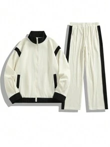 Manfinity Hypemode Men's Solid Color Paneled Front Zipper Long Sleeve Casual Jacket And Pants Set