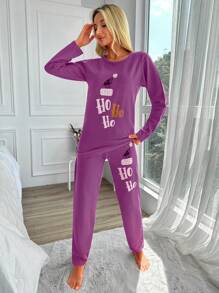 RueChic Conjunto de pijama con Top de manga larga y cuello redondo con estampado de letras y pantalones para mujer