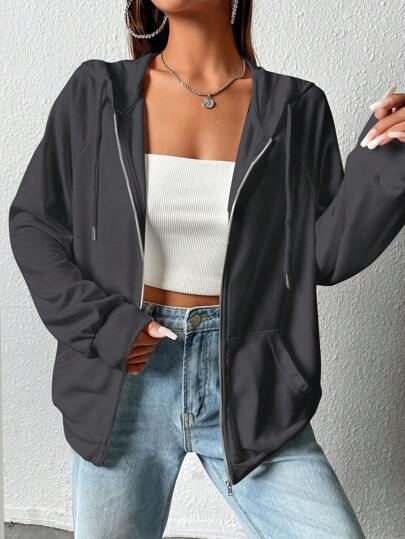 SHEIN EZwear 大码女式灰色百搭休闲连帽长袖卫衣，适合秋冬季节穿着