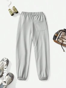 SHEIN Tween Boy Solid Color Elastic Waist Pocket Simple Casual Sweatpants - Grey - View 2