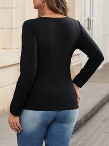 SHEIN Clasi 大码女式纯色不对称领口休闲长袖 T 恤，秋季 - 黑色 - 查看 2
