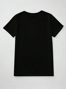 Calvaya 大码字母圣诞主题印花休闲百搭圆领短袖T恤图案女式上衣 - 黑色 - 查看 2