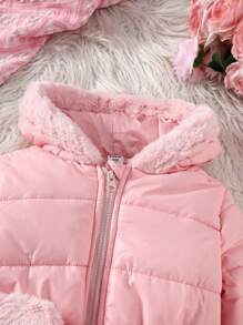 Áo khoác có mũ trùm đầu cổ lông mềm mại cho bé gái kèm túi đeo hông 2 chiếc/bộ, quần áo mùa đông - Hồng - Xem 4