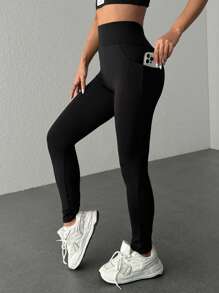 Muchica 女式高腰纯色口袋紧身裤，适合日常和健身 - 黑色 - 查看 6