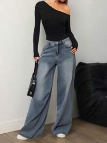 Flirla 黑色不对称肩部褶皱腰身修身长袖连体衣，休闲时尚风格，秋冬必备单品。超级百搭，易于搭配。 - 黑色 - 查看 6