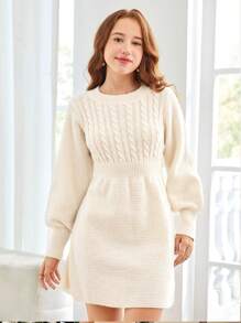 SHEIN 青少年女孩圆领针织纹理泡泡袖腰部褶皱 A 字休闲优雅连衣裙 - 杏色 - 查看 7