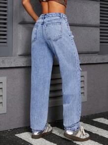 SHEIN ICON 女式休闲宽松直筒破洞口袋牛仔裤 - 中等水洗藍 - 查看 4