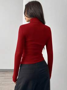 SHEIN EZwear Áo thun nữ tay dài cổ cao đơn giản màu trơn, dáng rộng, mặc thường ngày, đi làm, mặc vào mùa thu/đông - Màu Hoa hồng đỏ - Xem 2