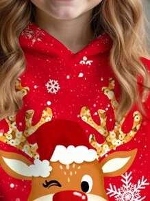 SHEIN Leap Crew 少女圣诞可爱卡通驯鹿、圣诞树、雪花印花红色节日休闲宽松卫衣，舒适日常穿着，适合秋冬季节，可爱卫衣 - 彩色 - 查看 3