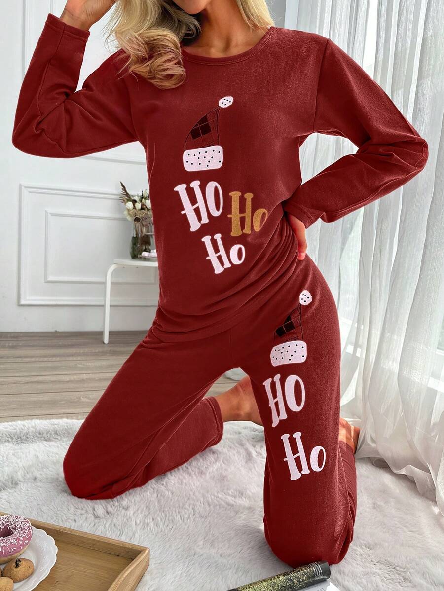 EURMUSE Women Letter Print Long Sleeve & Pants Pajama Set - Burgundy - View 1