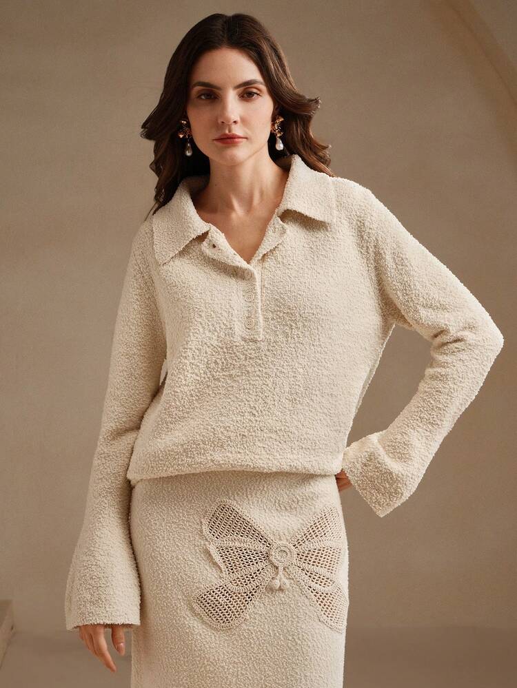 Women Casual Solid Color Long Sleeve Loose Half Open Front Sweater, Autumn/Winter Knit Pullover Fall