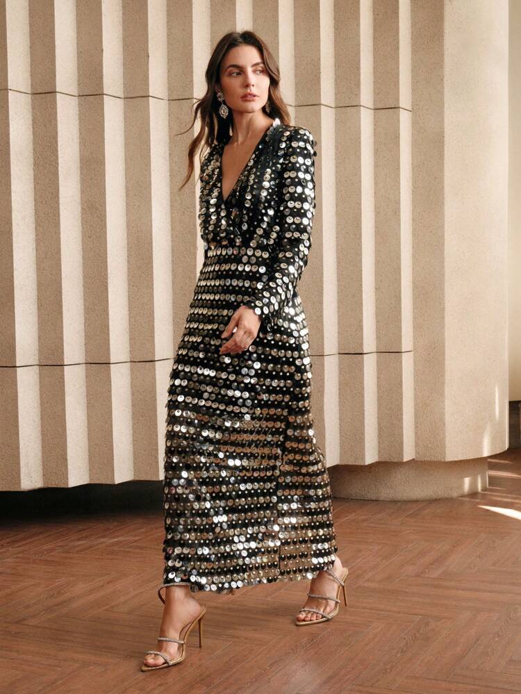 Vestido de manga larga de marca de lujo premium con lentejuelas, para mujer, atuendo de mujer de largo máximo para otoño/invierno
