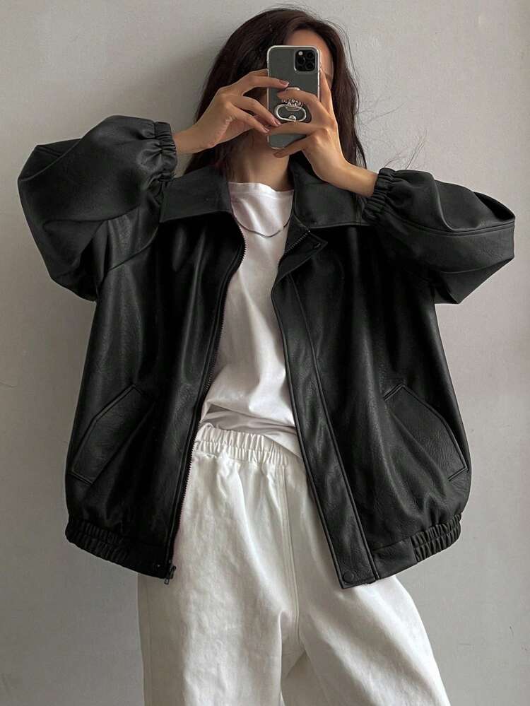 1pc Women PU Leather Jacket With Zipper Pockets, Solid Color Casual Everyday Fashion,Fall Women Clothes