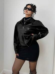 Vibekara Plus Size Zip Up Solid PU Leather Collar Jacket, Long Sleeve, For Winter Fall Cloth For Women Autumn - Black - View 3