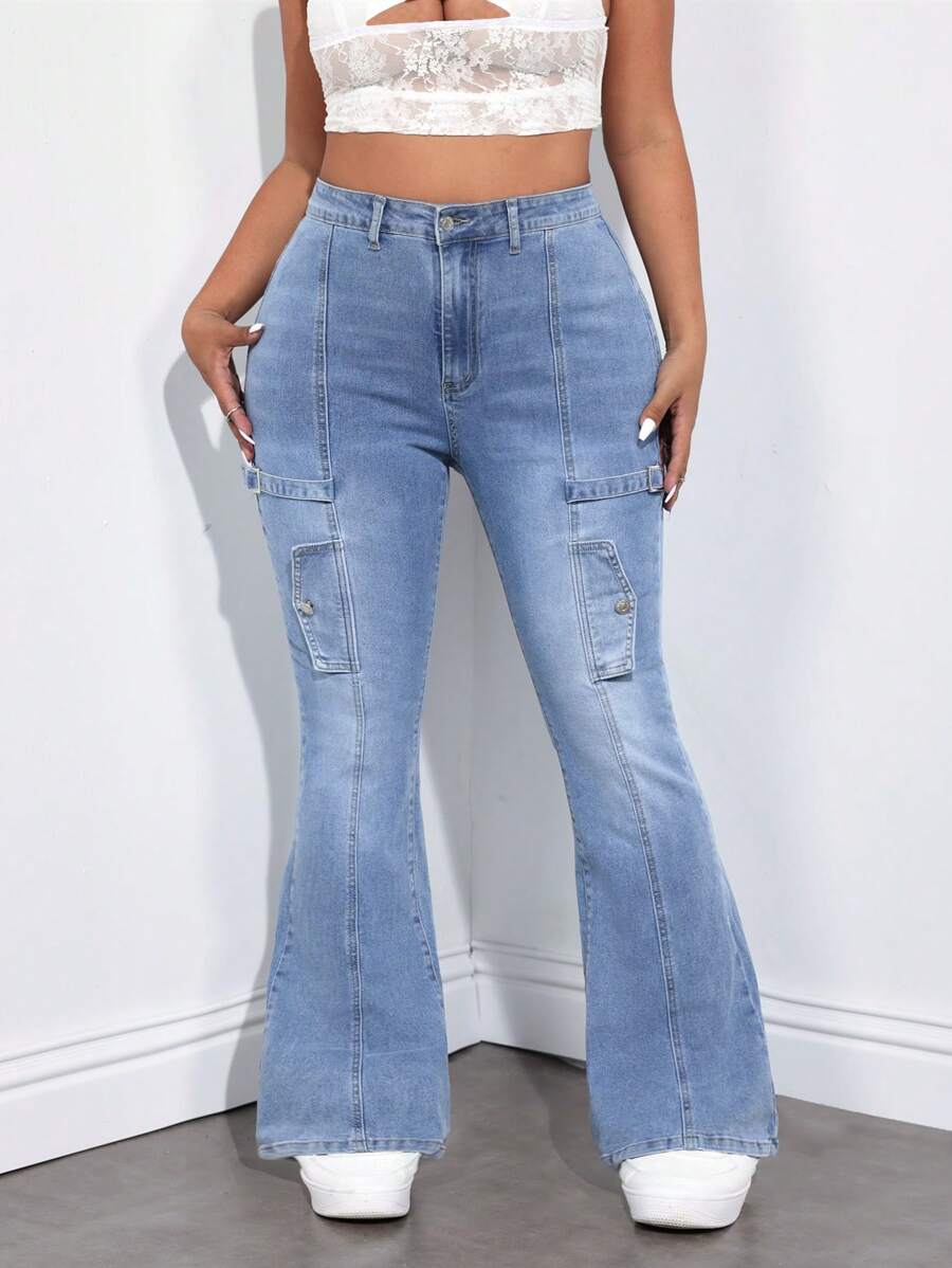 SHEIN ICON Y2K Elastic Denim Flare Leg Pants - Medium Wash - View 1