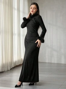 Modelyn Women Long Sleeve Elegant Mandarin Collar Mermaid Dress' Maxi Women Outfit Long Evening Dresses Fall Cloth For Women - Black - View 3