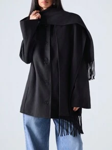 LYSMO Women Casual Minimalist Solid Color Scarf Collar Long Coat For Autumn/Winter Cape Jacketcape Coat - Black - View 3