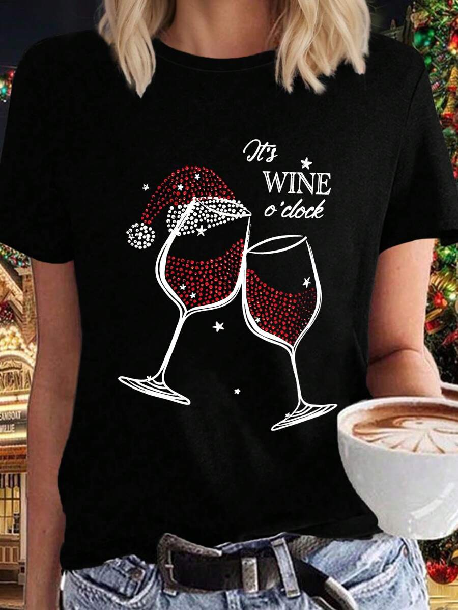 Calvaya Plus Size Women's Christmas Letter Print Casual Round Neck Short Sleeve T-Shirt Graphic Tees Women Tops - Black - View 1