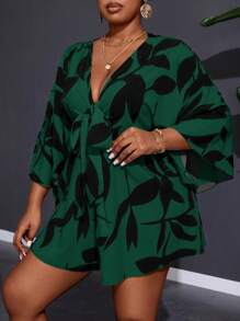 Slaydiva 大码女式假日休闲 V 领宽松印花连体裤，配系带腰带，适合夏季 - 墨綠色 - 查看 3