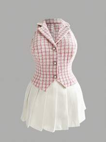 Flirla Plus Size Women Thick Tweed Lapel Vest - Pink - View 1