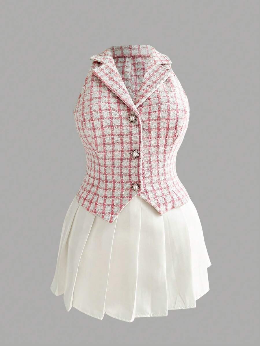 Flirla Plus Size Women Thick Tweed Lapel Vest - Pink - View 1